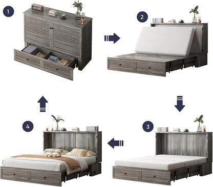 ijuicy Queen Cube Murphy Bed, Charge & Storage, No Mattress，Grey | Space-saving hideaway foldable design, practical temporary sleeping bed for guest room & small space use