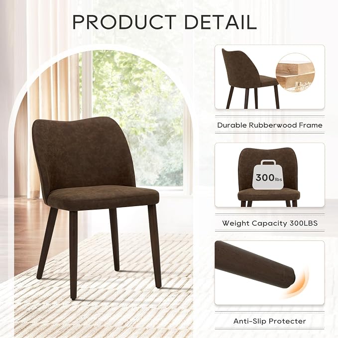 COLAMY Dining Chairs Set of 2, Upholstered Leather Kitchen Chairs with Curved Back, Padded Seat and Solid Wood Legs, Modern Dining Chair for Kitchen Dining Room, Dark Brown