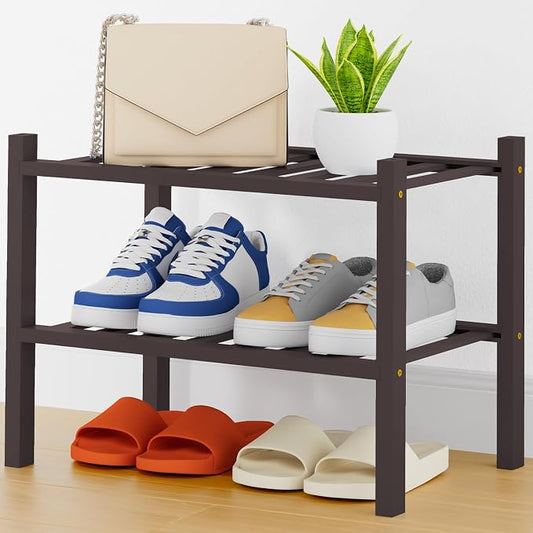 Smiry Small Bamboo Shoe Rack, 2 Tier Free Standing Wooden Shoe Organizer, Stackable Wood Shoe Storage Shelf for Closet, Entryway, 14 Vertical Slats, One-piece Heavy-Duty Legs, 17.3"x11"x13", Brown