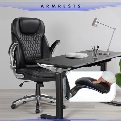 Executive Office Chair-Ergonomic Computer Desk Chair, High Back Leather Chair with Padded Flip-up Arms, Swivel Home Office Chair Upgraded Caster-Black
