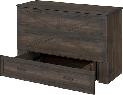 Merax Farmhouse Wood Murphy Bed Chest with Charging Station, Foldable Wall Platform Bed with Storage Drawer/Space Saving/Wood Slat Support/Queen, Gray