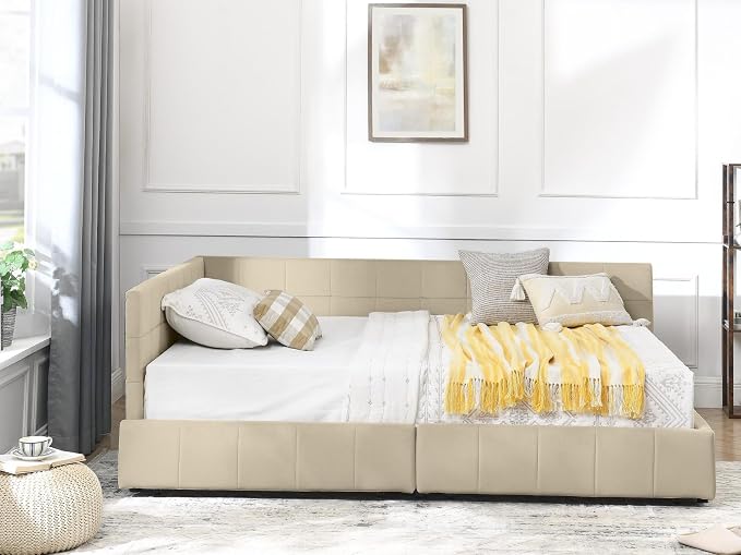 KEIKI Full Size L Shape Corner Bed Frames with 2 Storage Drawer, Backrest and Armrests, Velvet Upholstered Sofa Daybed for Small Room, Living Room, Bedroom, Guest Room, Kids' Room