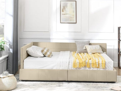 KEIKI Full Size L Shape Corner Bed Frames with 2 Storage Drawer, Backrest and Armrests, Velvet Upholstered Sofa Daybed for Small Room, Living Room, Bedroom, Guest Room, Kids' Room