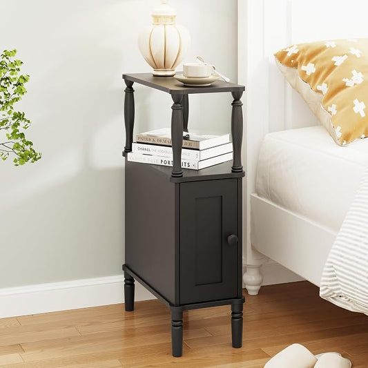 Veegle Narrow Nightstand,Skinny End Side Table (Black) | Mid-Century Modern Night stand with Storage,bedside table for Bedroom and Living Room