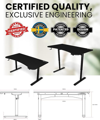 Arozzi Arena Moto Gamer Desk - 63x32” Electric Standing PC Gaming Desk with Storage for Cables - Dual Motor Steel Frame & Full-Surface Washable Mousepad - Pure Black