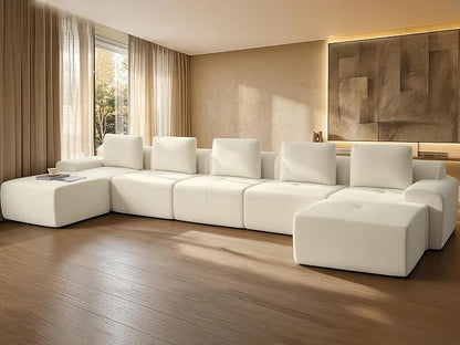 196" U Shaped Oversized Boneless Couch, Comfort Cloud Sectional Couches for Living Room, Modular Sofa High Back & Extra Deep Seat, No Assembly, Chenille(Warm White, 196 inch-U Shaped（5+2）)