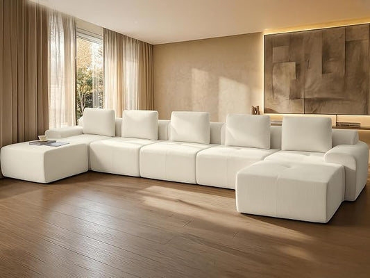 196" U Shaped Oversized Boneless Couch, Comfort Cloud Sectional Couches for Living Room, Modular Sofa High Back & Extra Deep Seat, No Assembly, Chenille(Warm White, 196 inch-U Shaped（5+2）)