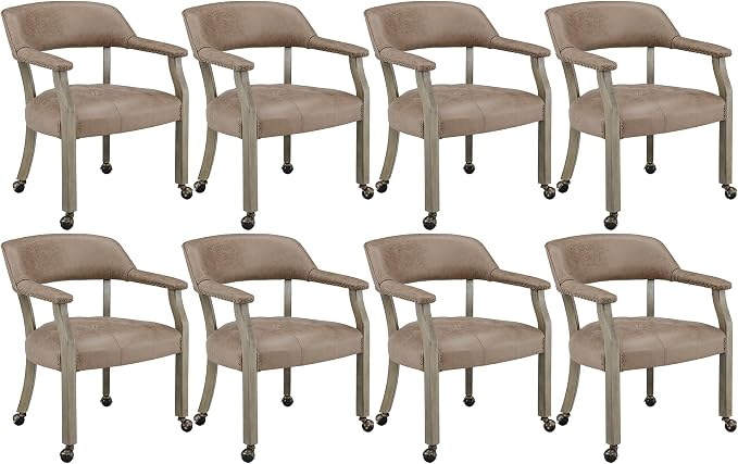 LEEMTORIG Set of 8 Dining Chairs with Casters and Arms, Rolling Dining Chairs with Wheels for Elderly, Ergonomic Wide Seat Wood Office Chairs, 26"Dx25.2"W, Grey Legs&Yellowish Brown Fabric SY-1318-LT