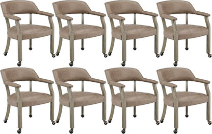 LEEMTORIG Set of 8 Dining Chairs with Casters and Arms, Rolling Dining Chairs with Wheels for Elderly, Ergonomic Wide Seat Wood Office Chairs, 26"Dx25.2"W, Grey Legs&Yellowish Brown Fabric SY-1318-LT