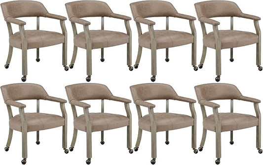 LEEMTORIG Set of 8 Dining Chairs with Casters and Arms, Rolling Dining Chairs with Wheels for Elderly, Ergonomic Wide Seat Wood Office Chairs, 26"Dx25.2"W, Grey Legs&Yellowish Brown Fabric SY-1318-LT