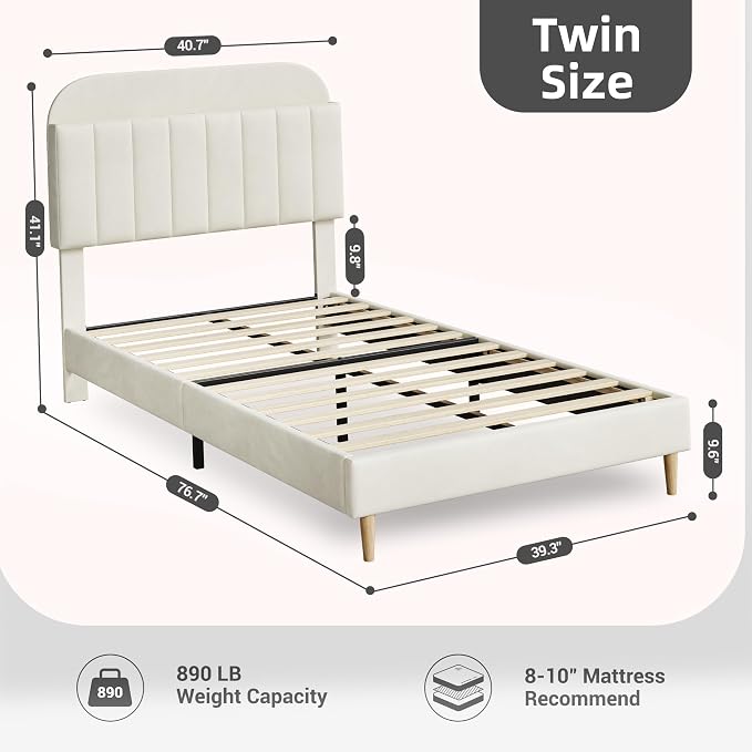 GarveeHome Twin Bed Frame with Storage Headboard, Velvet Upholstered Platform Bedframe for Kids, Girl Bed, Strong Wooden Slats, Noise-Free, Easy Assembly, No Box Spring Needed, Beige