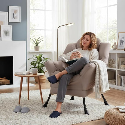 Lazy Chair for Living Room, Modern Soft Reading Chair Accent Contemporary Sofa Chair with Armrests and a Side Pocket for Bedroom, Dorm & Office, Khaki