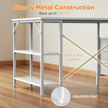DUMOS L Shaped Desk with Shelf Drawers 47", Corner Computer Desks Gaming with Power Outlet, Study Table with Adjustable Shelves, Home Office Tables for Bedroom Teacher Writing, Modern White