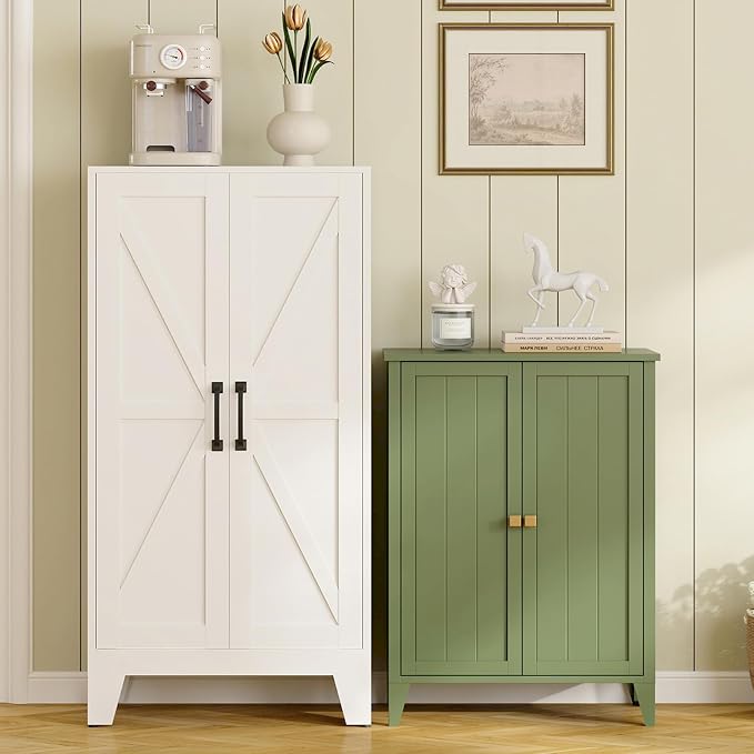 RAVIGIN Farmhouse Storage Cabinet,47" H Metal Pantry Cabinet with Barn Doors and Adjustable Shelves,47" H 4-Tier Rustic Pantry Organizers for Kitchen,Dining Room,White