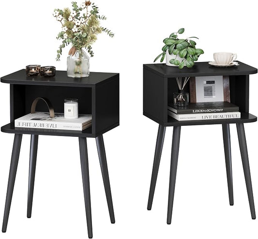 Black Nightstand Set of 2, Small Bed Side Table for Small Spaces, Mid Century Modern Nightstand End Table with Open Storage, Side Table for Bedroom Living Room, MLBZ20B-2