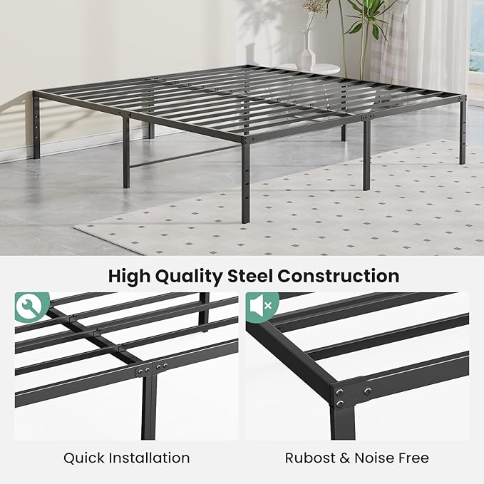 DUMOS Full Size 18 Inch Bed Frame - Metal Platform Bed Frame Mattress Foundation with Steel Slat Support, No Box Spring Needed, Storage Space Under Base, Easy Assembly, Black