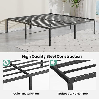 Sweetcrispy Queen Size 18 Inch Platform Bed Frame, Heavy Duty Metal Foundation Frame, Noise-Free Sturdy Steel Slats, Underbed Storage, No Box Spring Needed, Quick Setup