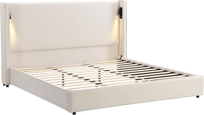 Christopher Knight Home Hazel 45.70"H California King Bed Frames, Linen Upholstered Cal King Bed Frame, Slats Panel Support, No Spring Box Needed, Wingback Headboard with Reading Lamps and USB, Beige