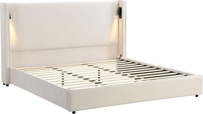 Christopher Knight Home Hazel 49.20" H King Headboard Bed, Upholstered King Size Bed, Slats Panel Support Platform, No Spring Box Needed, Wingback Headboard with Reading Lamps and USB, Beige