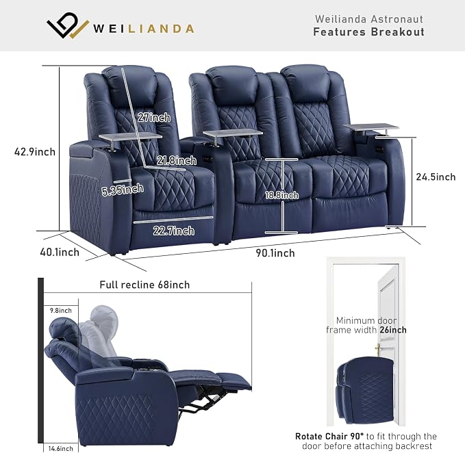 Weilianda Home Theater Seating Top Grain Leather Zero Gravity Recliner Chair Power Headrest Recline Movie Seat Gaming 7 Colors Mood Light Sofa with Tray Table USB Charge Row of 3 Loveseat Right Blue