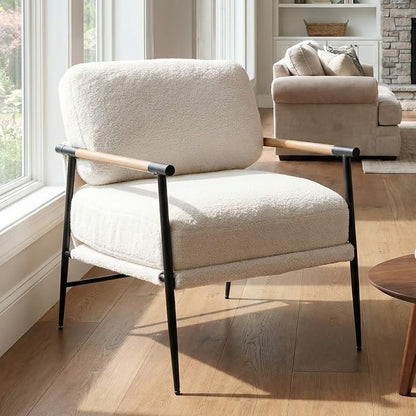 DUOMAY Mid-Century Modern Accent Chair, Comfy Sherpa Sofa Lounge Chair Reading Corner Chair for Living Room Bedroom Office, Mid-Back Arm Chair with Black Metal Leg, White