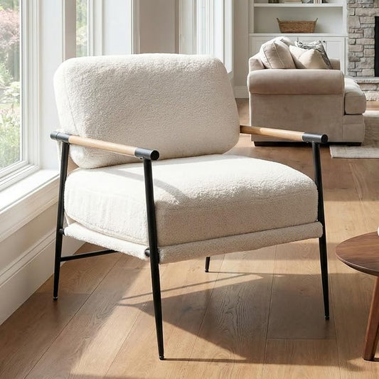 DUOMAY Mid-Century Modern Accent Chair, Comfy Sherpa Sofa Lounge Chair Reading Corner Chair for Living Room Bedroom Office, Mid-Back Arm Chair with Black Metal Leg, White