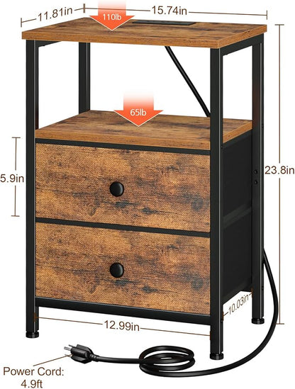 LOAKEKEL Night Stand, Nightstand with Charging Station, Slim Industrial Bedside Table with 2 Fabric Drawers, Small End Table with USB & Type-C Ports for Bedroom, Brown, HETS020BR-1