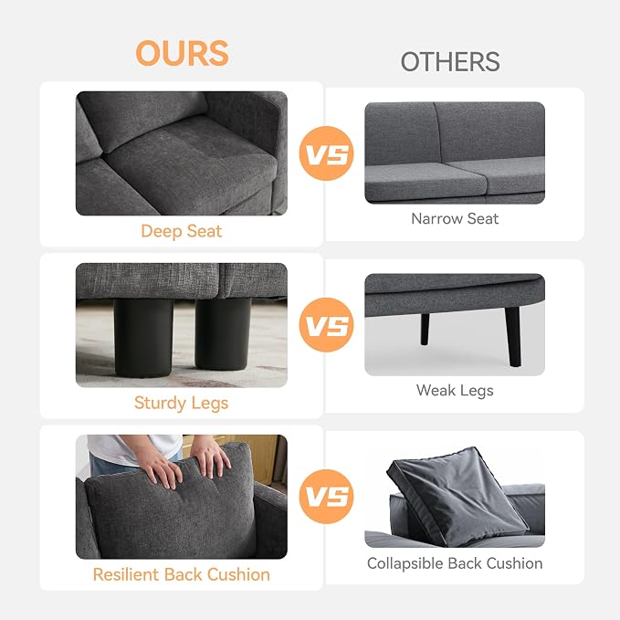 WUTUTUEE 58”Modular Sectional Loveseat Sofa, Modern Love Seat 2 Seater Sofa Couch with Storage, Chenille Modular Sectional Couch for Living Room, Bedroom, Office, Small Apartment, Dark Grey