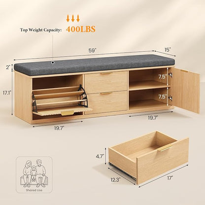 59" Storage Bench with Cushion and Flip Drawer, 2-Tier Entryway Bench with Storage, Shoe Bench with Cabinet, 2 Storage Drawer, Adjustable Shelf, for Entryway, Bedroom, Living Room, Natural