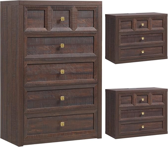 3-Piece Bedroom Set, 5 Drawer Tall Dresser and 3 Drawer King Size Nightstands Set of 2 with Charging Station, 3 Piece Farmhouse Wood Bedroom Dresser and Nightstand Sets, Brown