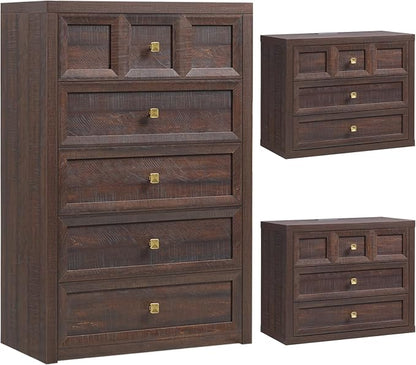 3-Piece Bedroom Set, 5 Drawer Tall Dresser and 3 Drawer King Size Nightstands Set of 2 with Charging Station, 3 Piece Farmhouse Wood Bedroom Dresser and Nightstand Sets, Brown