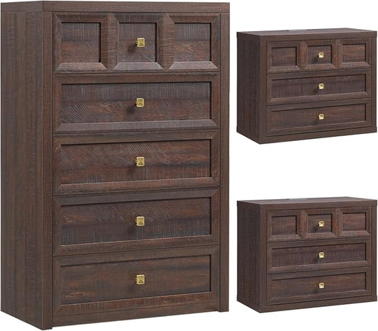3-Piece Bedroom Set, 5 Drawer Tall Dresser and 3 Drawer King Size Nightstands Set of 2 with Charging Station, 3 Piece Farmhouse Wood Bedroom Dresser and Nightstand Sets, Brown