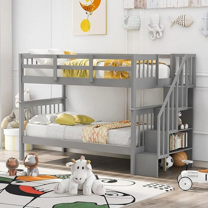MERITLINE Twin Over Twin Bunk Bed with Storage Staircase, Solid Wood Stairway Convertible Bunk Bed with Stairs (Twin Over Twin,Grey)