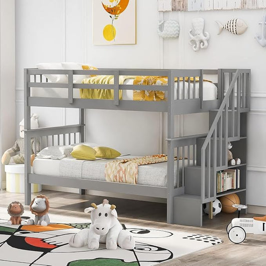 MERITLINE Twin Over Twin Bunk Bed with Storage Staircase, Solid Wood Stairway Convertible Bunk Bed with Stairs (Twin Over Twin,Grey)