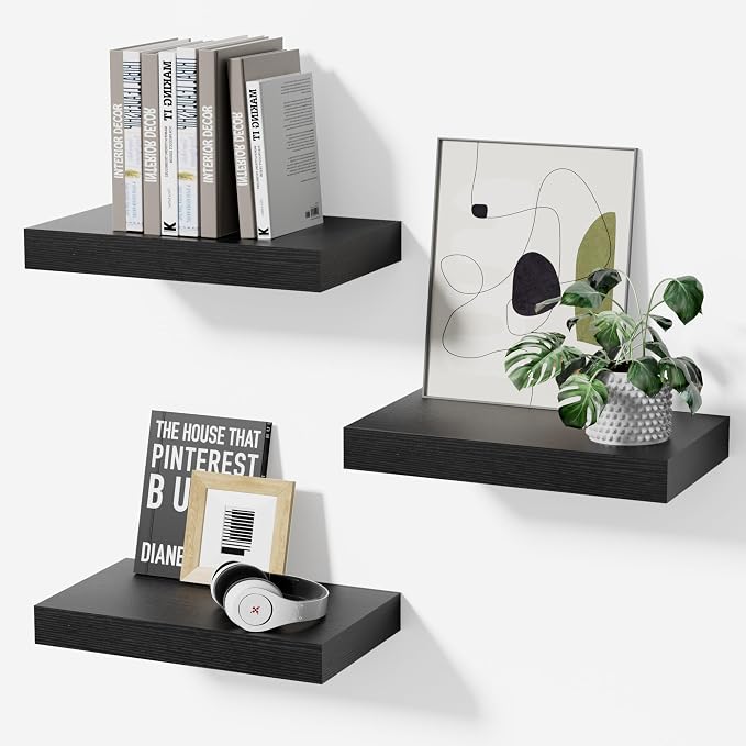 Black Floating Shelves for Wall,Wood Shelves for Bathroom, Living Room, Bedroom and Kitchen,Wall Shelves for Books,Room Decor&Storage(Set of 3, 11.8 Inch)