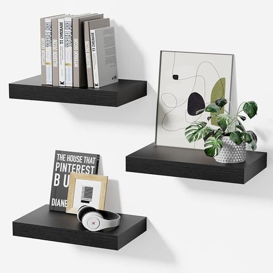 Black Floating Shelves for Wall,Wood Shelves for Bathroom, Living Room, Bedroom and Kitchen,Wall Shelves for Books,Room Decor&Storage(Set of 3, 11.8 Inch)