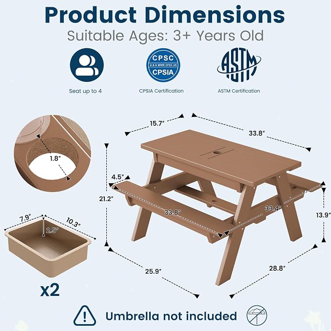 FOOWIN Kids 3-in-1 Sand & Water Table,HDPE Outdoor Convertible Picnic Table w/Detachable Tabletop, for Outdoor Backyard Patio Play Teak
