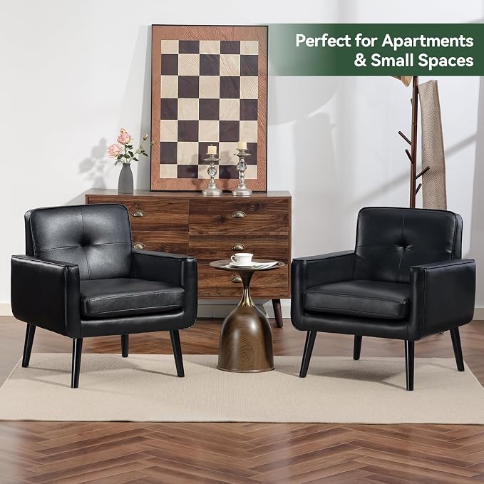 Vogue Furniture Direct Accent Chair Set of 2, PU Leather Modern Chair with Wooden Frame, Cozy Armchair Reading Chair with Comfy Back for Apartment, Living Room, Bedroom, Small Space, Corner, Black