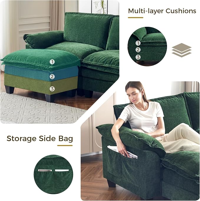 KKL 89 Inch Modular Sectional Sofa, 2 Seater Loveseat Cloud Couch with Deep Seat, Chenille Sectional Couches for Living Room, Apartment, Green