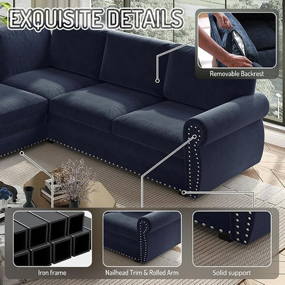 118" L-Shaped Sleeper Couch Bed - Oversize Convertible with Pull-Out Sofa Bed, Button Tufted Chesterfield Sofa, Chenille Sectional Vintage Couches for Living Room/Apartment(6-Seater, Blue) | Oversize Convertible