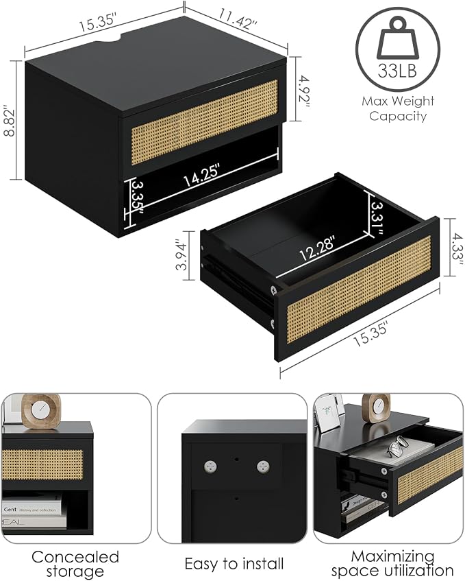 Floating Nightstand With Drawer - Small Modern Shelves for Bedroom, Bathroom (Black Rattan)