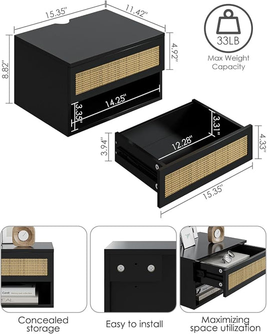 Floating Nightstand With Drawer - Small Modern Shelves for Bedroom, Bathroom (Black Rattan)