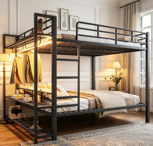 Bellemave Queen Over Queen Bunk beds, Metal Bunk Bed with Shelf and Guardrails,Queen Bunk beds with Storage Mesh Shelves and Clothes Hooks for Kids, Teens & Adults（Black）