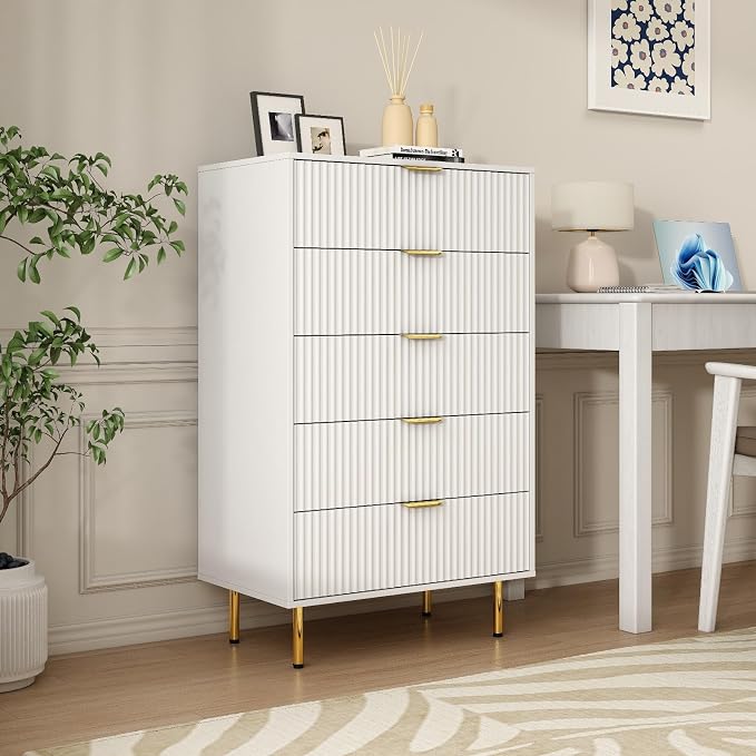 White Fluted 48" Tall Dresser for Bedroom with 5 Drawers and Gold Handle, 30 inch Wide Chest of Drawers Modern Dresser, Wooden Side Table Storage Dressers Organizer for Living Room