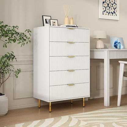 White Fluted 48" Tall Dresser for Bedroom with 5 Drawers and Gold Handle, 30 inch Wide Chest of Drawers Modern Dresser, Wooden Side Table Storage Dressers Organizer for Living Room