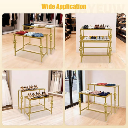 Retail Display Tables Gold Boutique Nesting Tables | 2 Piece Set, Vintage Display Table, Clothing Shoes Display Shelf, For Retail Stores, Carbon Steel