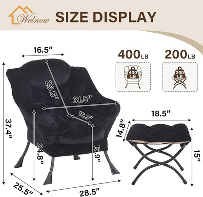 Welnow Lazy Chair with Ottoman, Modern Accent Chair with Armrests and a Side Pocket, Leisure Sofa Armchair, Reading Armchair with Footrest for Small Space, Plush Black