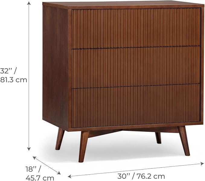 Teamson Home 30″ Wide Fluted Dresser with 3 Push-Open Drawers, Deep Storage with Natural Fluted Front Texture, Solid Rubber Wood Feet and Real Veneer Finish for Bedroom or Living Room, Walnut | 3 Push-Open Drawers, Deep Storage with Natural Fluted Fron...