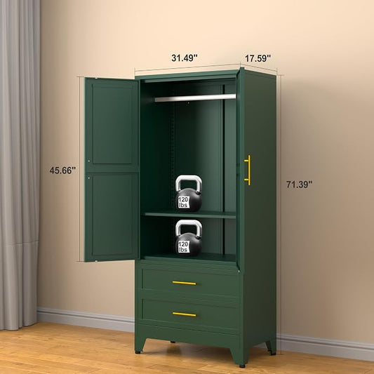 Metal Armoire Wardrobe Closet Storage Cabinet with Hanging Rod,71'' Metal Wardrobe Cabinet with 2 Drawers and Adjustable Shelf,2 Doors for Bedroom, Laundry Room, Cloak Room