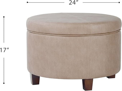 Homepop Home Decor | Upholstered Faux Leather Round Storage Ottoman | Ottoman with Storage for Living Room & Bedroom, Taupe Brown